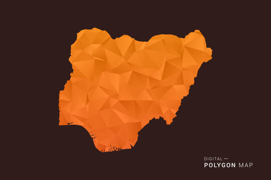 Nigeria Map - low poly polygon vector, geometric triangulated silhouette in orange and dark brown tones, clean modern infographic style, isolated background.