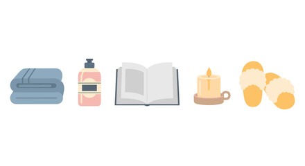 Obraz premium Essential comfort items for a relaxing and cozy self-care routine, featuring soft towels, a book, a lit candle, and warm slippers.