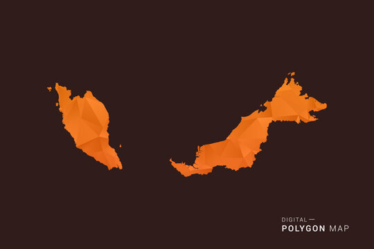 Malaysia Map - low poly polygon vector, geometric triangulated silhouette in orange and dark brown tones, clean modern infographic style, isolated background.