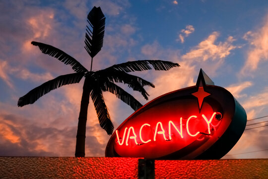 Wildwood, New Jersey, USA Mid Century motel neon vacancy sign with palm tree at sunset. Retro motel travel concept