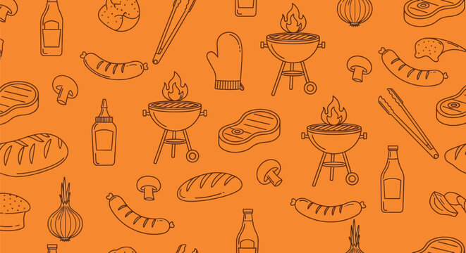 Barbecue seamless pattern with grill tools sausages steaks and vegetables on orange background for picnic menu flyer summer cookout party food and drink