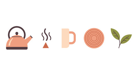 Fototapeta premium Tea preparation icons illustrate the complete process of brewing a warm, comforting drink, from kettle to cup, symbolizing relaxation and comfort.