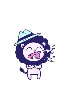horizontally vibrating animation of cartoon roaring lion wearing hat