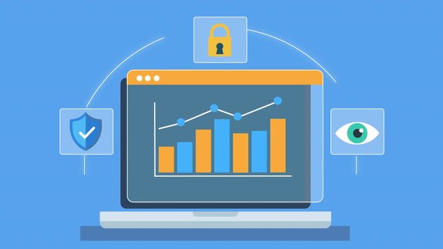 Flat animation of laptop displaying analytics dashboard with lock, shield, and eye icons representing data security, monitoring, and protected digital systems.