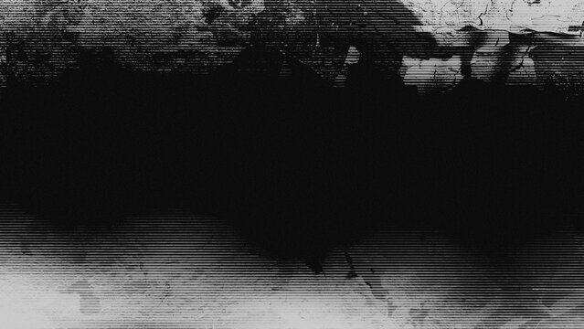 Dark monochromatic signal corruption with heavy scanline artifacts and digital distortion. Grungy analog video error effect on black background for cinematic music video and poster design.