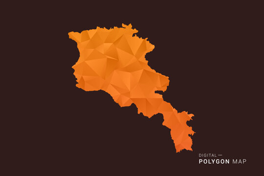 Armenia Map - low poly polygon vector, geometric triangulated silhouette in orange and dark brown tones, clean modern infographic style, isolated background.