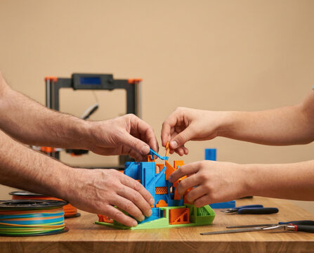 Focused hand movements demonstrate teamwork during assembly of plastic model next to printer and filament spool in workshop highlighting an engaged collaborative engineering project
