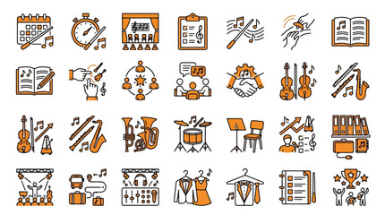 Orchestra Music Icon Set in Linear Style. A collection of linear icons, including conductor, violin, stage, notes, metronome, concert, gear, sheet music, award, and more. Editable Stroke. © Itx Musa