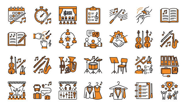 Orchestra Music Icon Set in Linear Style. A collection of linear icons, including conductor, violin, stage, notes, metronome, concert, gear, sheet music, award, and more. Editable Stroke.