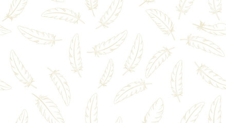 Soft feather seamless pattern with delicate hand drawn bird plumes in light beige color floating on white background for airy and light textile design © shamim