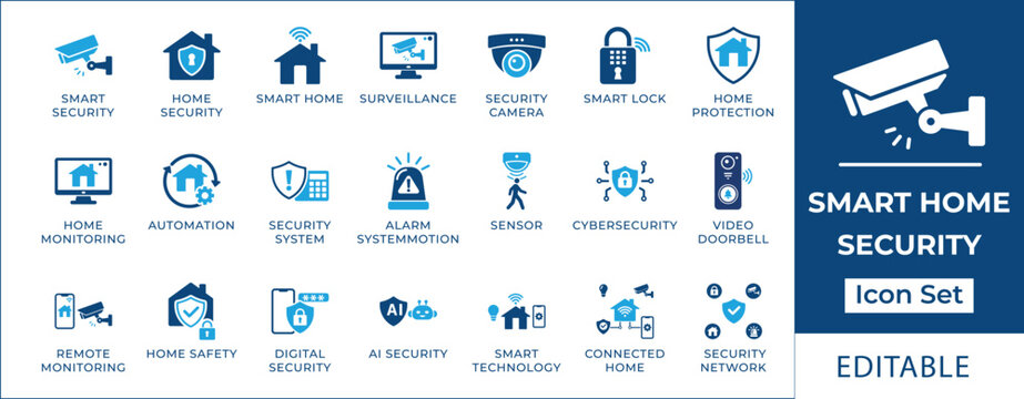 Smart home security icon set featuring surveillance cameras, smart locks, home automation, alarm systems, remote monitoring, AI security, and connected house safety symbols.