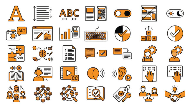 Web Accessibility Icon Set in Linear Style. A collection of Inclusive Design icons including alt text, screen reader, keyboard navigation, braille, contrast, captions, equality