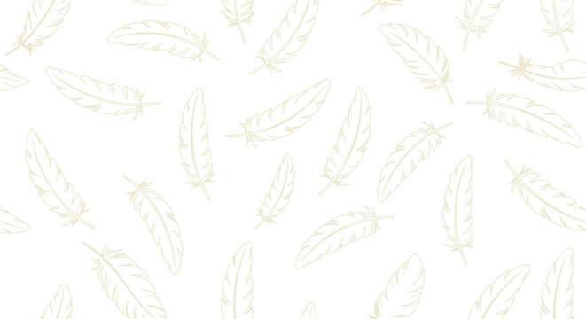 Soft feather seamless pattern with delicate hand drawn bird plumes in light beige color floating on white background for airy and light textile design