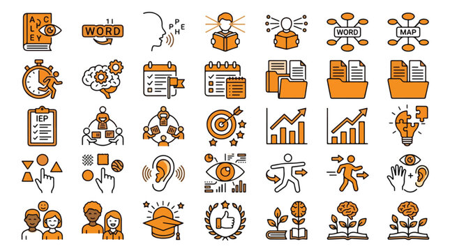 Special Education Vector Icon Set in Two-tone Style. A collection of icons including IEP, speech therapy, brain growth, sensory, auditory, visual, goal, therapy, and more. Editable Stroke.