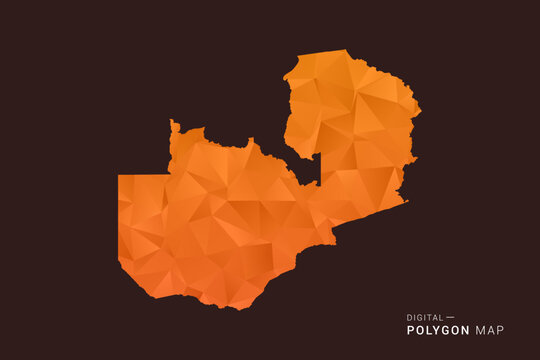 Zambia Map - low poly polygon vector, geometric triangulated silhouette in orange and dark brown tones, clean modern infographic style, isolated background.