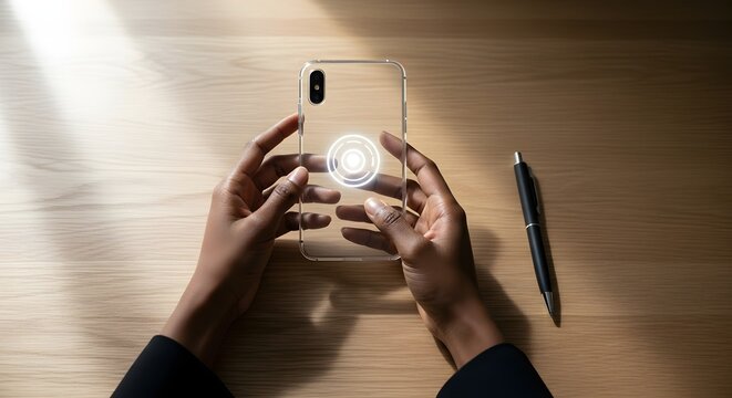 Hands Holding A Clear Phone Case With Pop Socket On A Desk