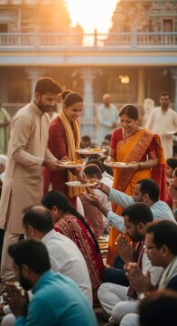 Man and two women serving food to devotees during Ganesha Chaturthi celebration. Indian people sharing prasadam feast at temple.