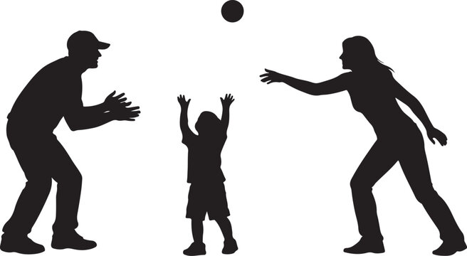Family silhouettes playing catch with a ball, parents and child together on white background