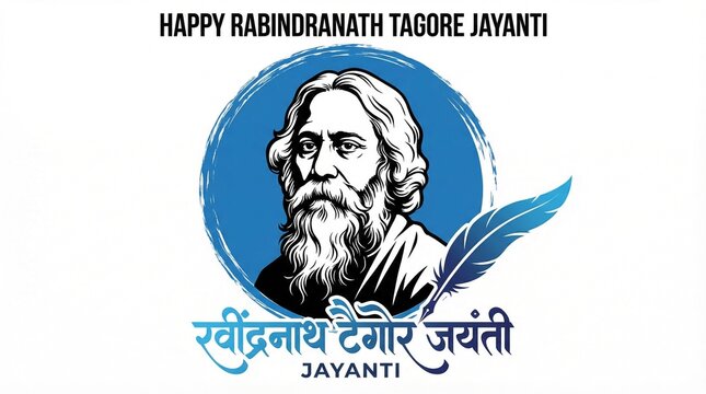 Rabindranath Tagore Jayanti vector illustration featuring a sketch portrait of the poet with decorative quill pen typography.