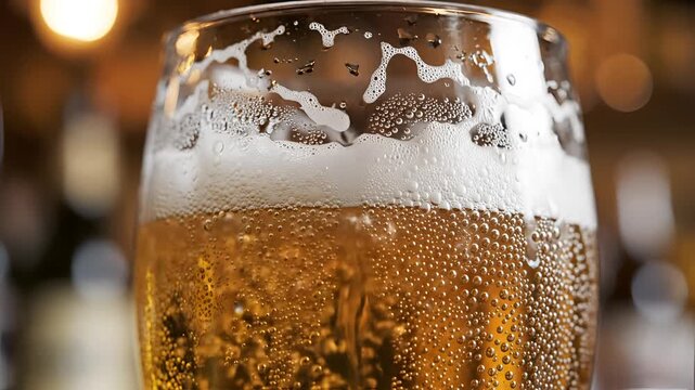 Close up of a refreshing cold beer with frothy head in a glass.