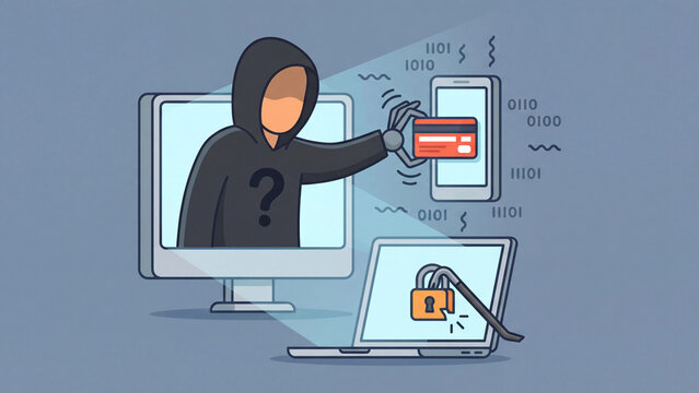 Cybercrime digital payment fraud and online financial data theft concept illustration for internet security hacking awareness and identity protection