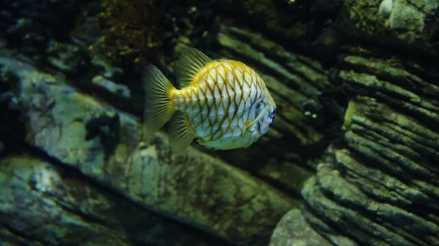 Bright yellow Pineapple Fish with distinctive black-edged bony scutes swimming in a dark marine environment. Close-up of this unique armor-plated saltwater species.