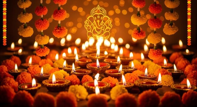 Glowing Ganesha symbol with traditional oil lamps and marigold flower decorations for Ganesh Chaturthi celebration