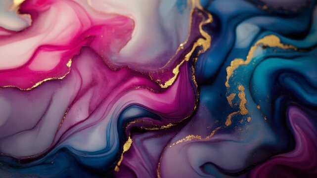 Abstract colorful fluid art with vibrant pink purple blue hues and gold accents for creative backgrounds