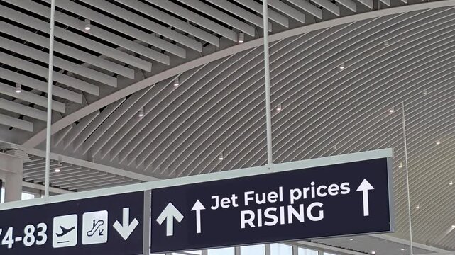 Airport directional sign displaying Jet fuel prices rising warning represents aviation cost surge due to Iran-US war Strait of Hormuz closure and global energy crisis impacting airlines and travelers