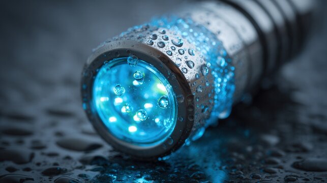 Blue glowing filter core closeup metallic casing beaded with water droplets, cool LED luminescence radiating from transparent insert, studio reflections on wet surface, highcontrast moody atmosphere,