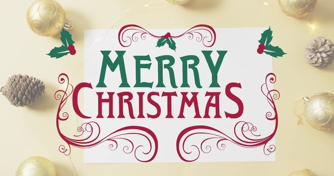 Animation of merry christmas text banner against pinecone, bauble and fairy lights on pink surface