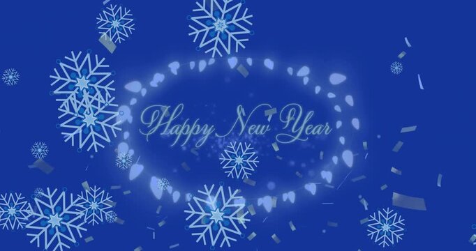 Animation of snowflakes and confetti falling against happy new year text over fairy lights banner