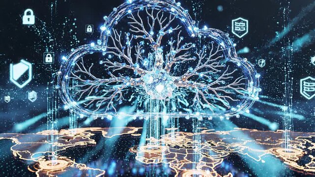 Digital tree network visuals representing cloud security and data protection.