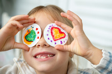 Funny toothless girl covering eyes with snail and heart, joyful child artist, draw on fluffy sponge painting paper, Childhood creativity 3D textured canvas art paper painting, preschooler imagination © kittyfly