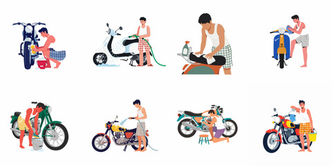 Fototapeta premium Collection of flat vector illustrations depicting various men washing, cleaning, and detailing their motorcycles and scooters using hoses, buckets, and sponges.