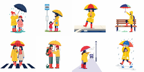 Fototapeta premium Set of flat vector illustrations featuring characters in yellow raincoats and umbrellas enjoying various activities on a rainy day in the city.