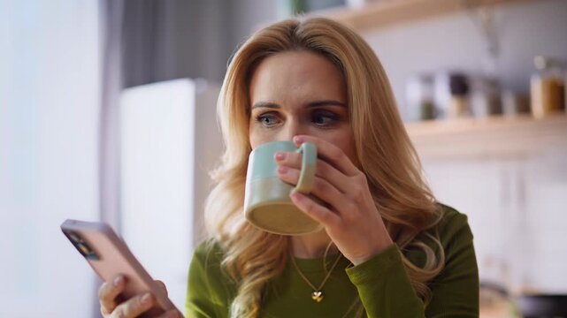 Shocked blonde reacting sms drinking coffee at kitchen closeup. Nervous woman