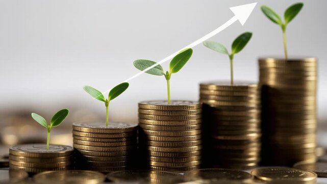 Growing plants on stacks of coins symbolizing financial growth and investment success with upward trend arrow