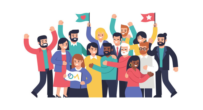 Diverse Group of People Celebrating Together with Flags and Signs