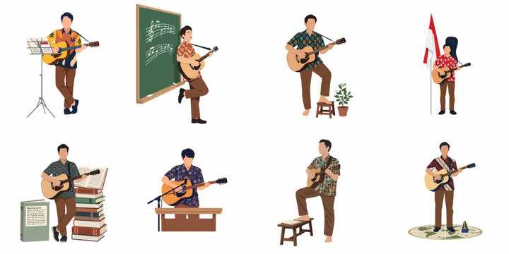 Flat vector illustration set of a man in traditional Indonesian batik shirts playing acoustic guitar in various educational and cultural scenes.