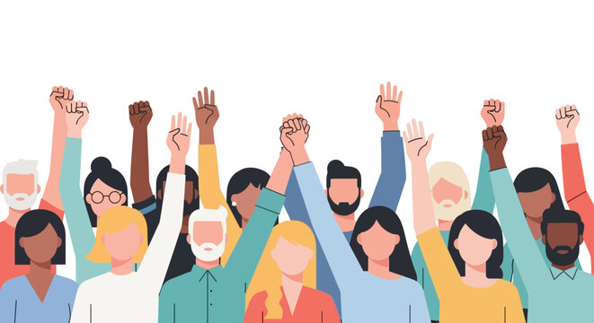 Diverse crowd raising hands, symbol of unity, protest, and group support