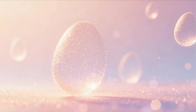 abstract 3d animation of floating glowing particles forming egg silhouettes on soft pastel gradient for easter greeting concept