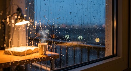 Fototapeta premium Cozy rainy evening indoors, reading book with warm lamp light and coffee by the window