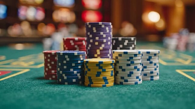 Poker Chips Stacking and Falling on Casino Table