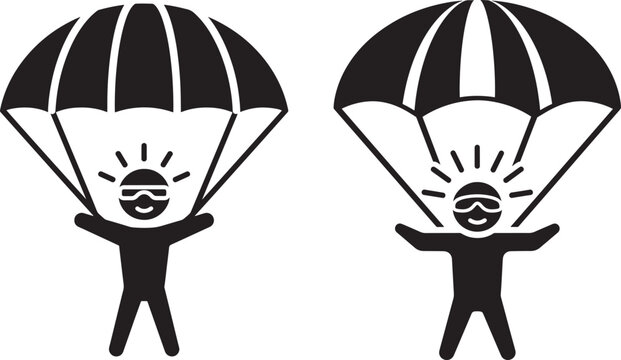 Two skydiver silhouette icon jumping happy with parachute sun
