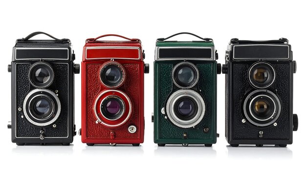 Four vintage twin-lens reflex cameras in red, black, and green