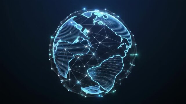 グローバル通信を象徴する光のネットワークと回転するワイヤーフレーム球体