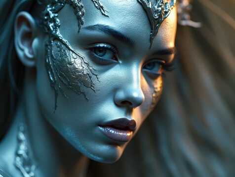 Woman with silver ornate metallic facial adornment looking ahead