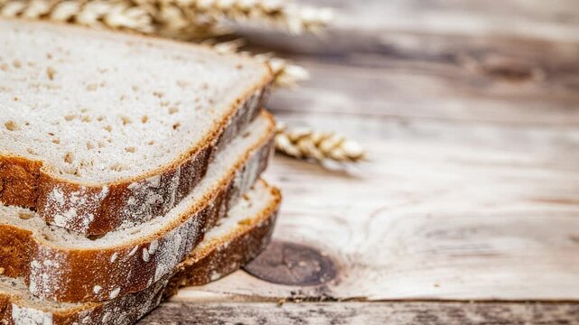 Freshly sliced whole wheat bread on rustic wooden table with wheat ears background