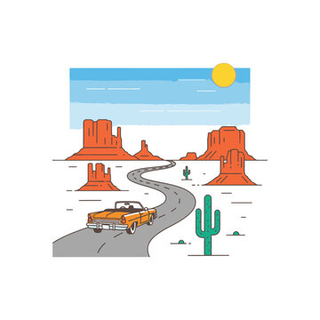 Classic Convertible Car Driving on Desert Highway.